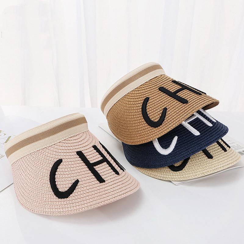 

2020 New Alphabet Embroidery CHA Fashion Joker Straw Hat Children Of South Korea'S New Hair Band Web Celebrity Empty Sunshade Ha, Black