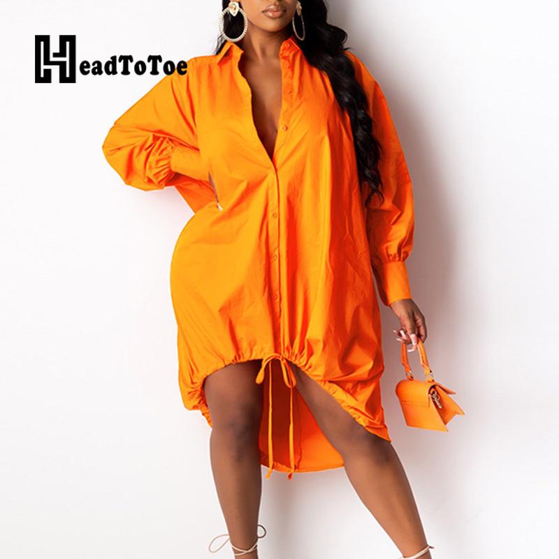 

Loose Office Lady Solid Tops Women Full Sleeve Turn Down Collar Drawstring Mid-calf Shirts Women, Black