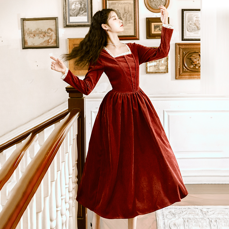

2021 Adjusted Red Wine and Enlargement Women Mid-calf Vintage Seeve Velvet Elegant Female Dress to Line Dressed As Spring Z04z, Blue