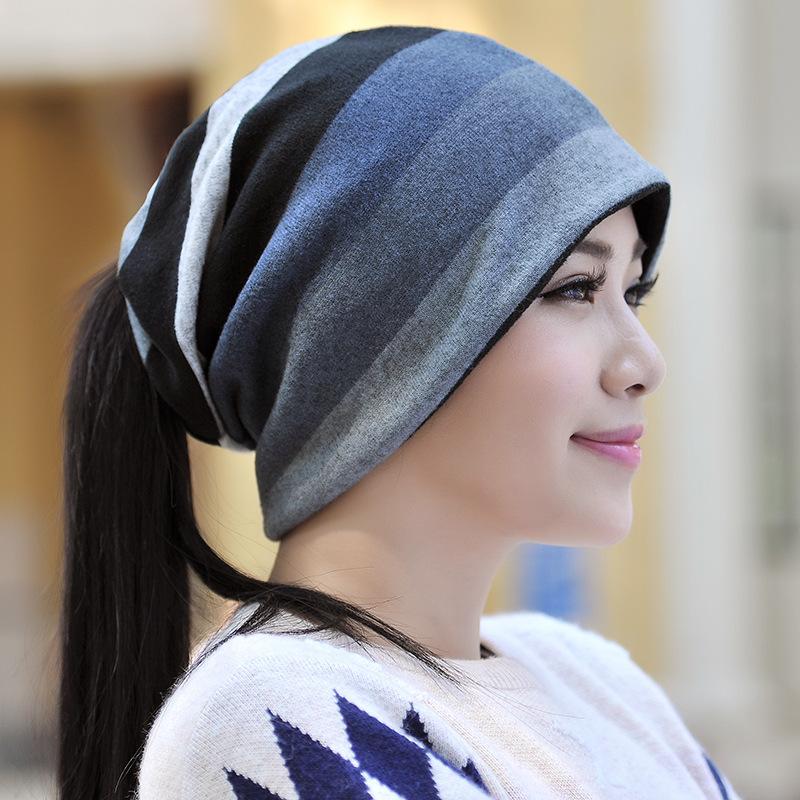 

Casual warm outdoor ski sports caps ladies autumn and winter hats double knitting stripes trendy fashion wild Muslim women caps, Blue