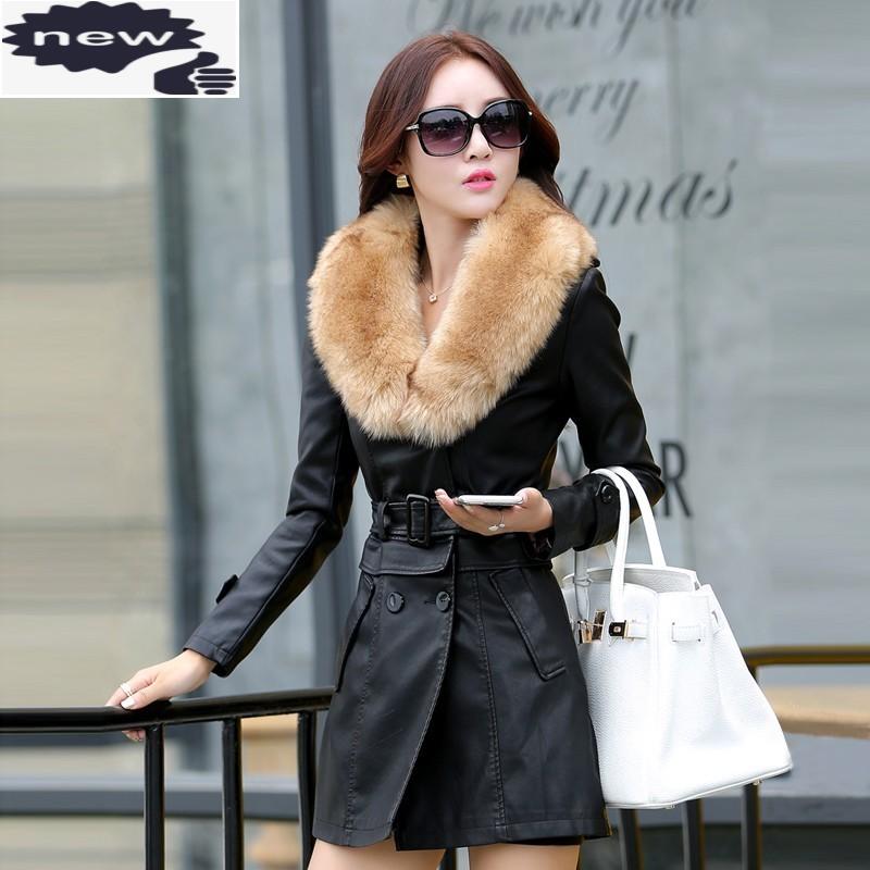 

Winter Thick Warm Women Pu Leather Jacket Faux Fur Collar Overcoat Female Belted Korean Double Breasted Outwear Coat Windbreaker, Wine red