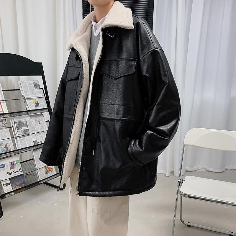 

Men's Leather Coat Loose Warm Wool Lining Thick Outwear Big Pockets Black J9