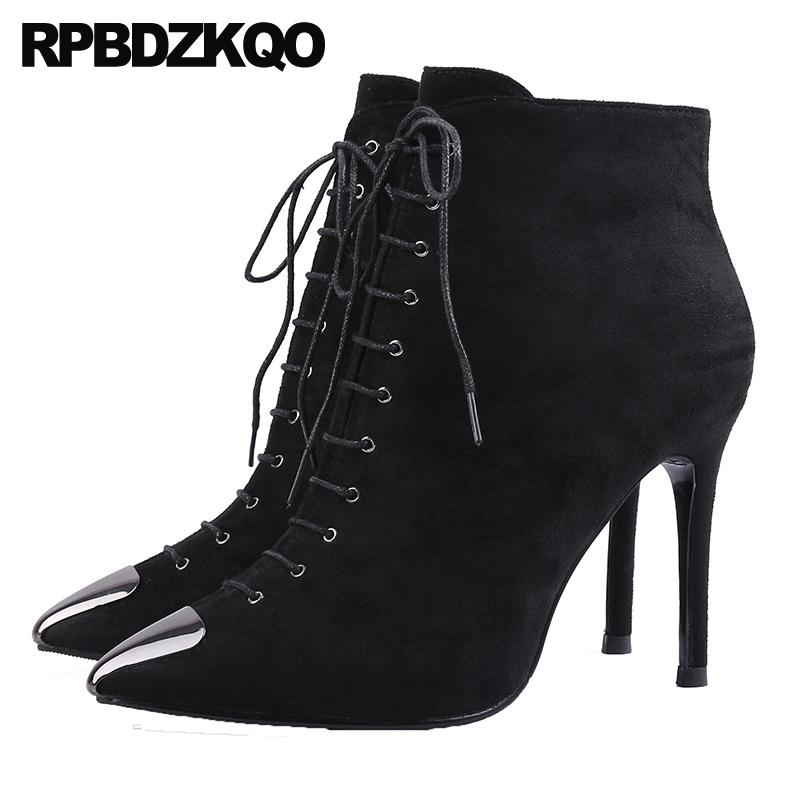 

sexy autumn winter pointed toe stiletto ankle brand shoes thin fall side zip boots fur black short 2020 suede women high heel