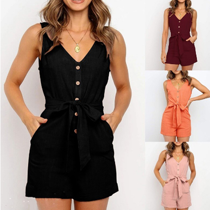 

Casual Playsuit Woman Off Shoulder Belt Tunic Pink Black Solid Summer Elegant Short Jumpsuit 2020 Overalls For Women T200704