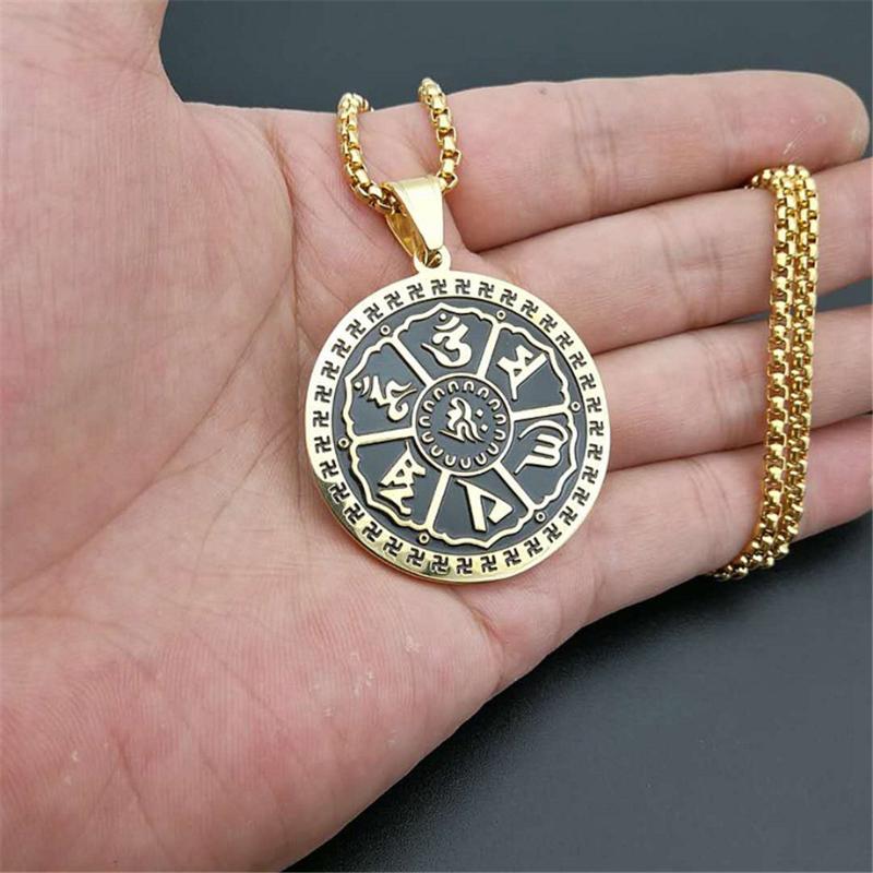 

Buddhistic Six Words' Sutra Pendants Necklace for Men Stainless Steel Buddhism Hinduism Round Jewelry Dropshipping