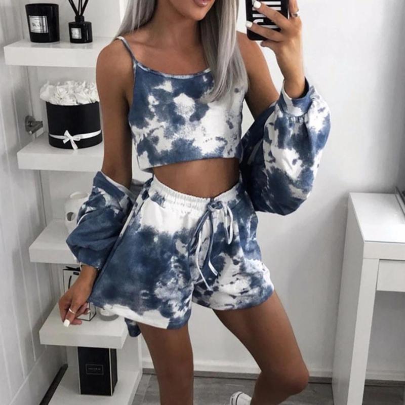 

Tie dye Home Clothes Set for Women Zipper Hoodie Sweatershirt Camisole Tops Drawstring Shorts Casual Sweatshirt Set, Blue