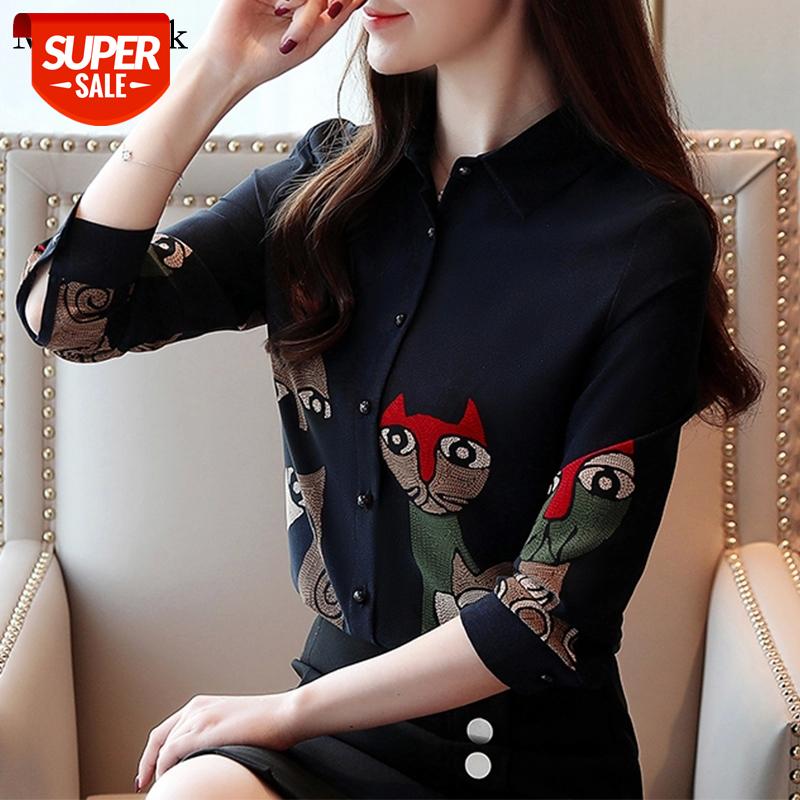 

2021 Autumn Casual Print Vintage Womens Blouse Cardigan Chiffon Womens Blouses Office Lady Long Sleeve Shirt Women Blusa 8356 50 #ot7F, White