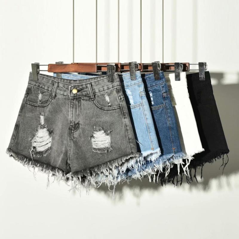 

Plus Size 5XL High Waist Loose Women Denim Shorts 2020 New Summer Ripped Holes A-line Wide-leg Female Short Jeans1, Black