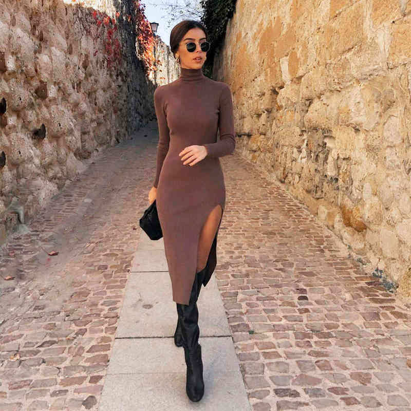 

2021 Dress Women Long Sleeves High-Neck Elastic Midi Dress Fashion Elegant Chic Lady Knit Sweater Dresses Women robe femme G1223, Coffee