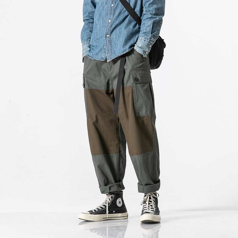 

2021 New Men Fashion Splice Casual Pant High Street Hip Hop Harem Cargo Pants Male Joggers Sweatpants Trouser Mlnv, Army green