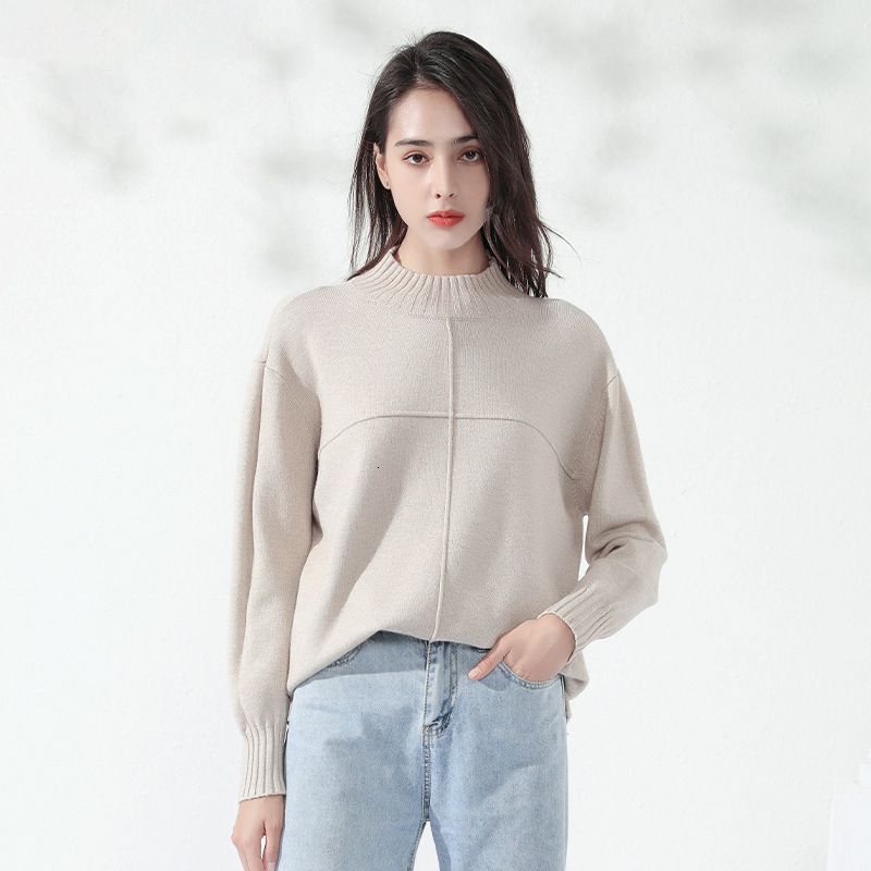 

2021 New Chic Casual Oversize Spring Autumn Basic O-neck Sweater Women Soft Solid Loose Pullovers Girl Jumper Top Es23, Khaki