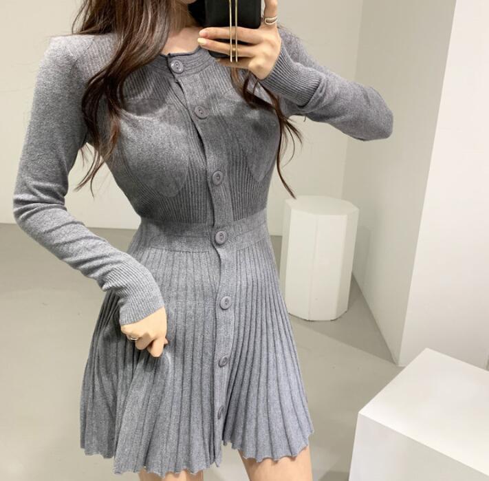 

Fall Winter Sexy Women' Breasted Knit Pleated Dress 201110, Gray