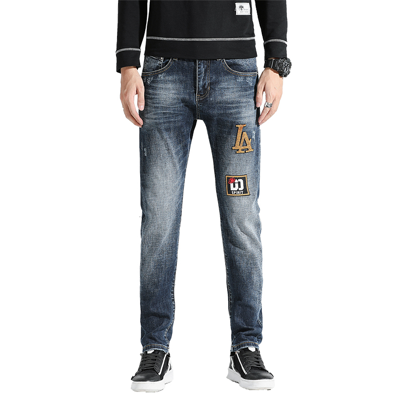 

2021 New Jeans for Ripped Men Painted Thin Elastic Pants Embroidered Hip Hip-hop H248, Blue