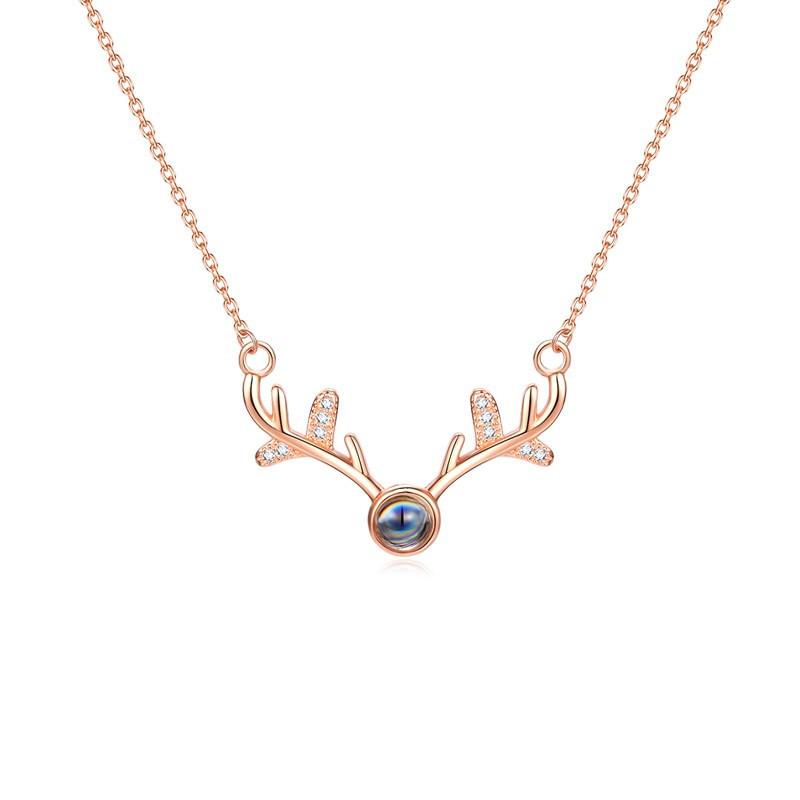 

S925 Sterling Silver Christmas Reindeer Necklace A Deer Has You 100 Languages I Love You Projection Jewelry