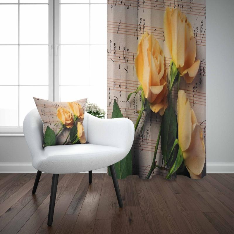 

Else Brown Vintage Music Notes Writen Yellow Roses 3D Print Living Room Bedroom Window Panel Curtain Combine Gift Pillow Case, As pic