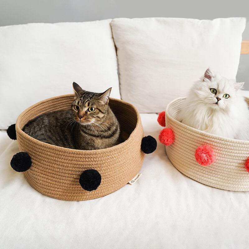 

Cotton Round Cat Bed with Balls Pompom for Cats Puppy Kitten House Cozy, Foldable Portable Breathable Small Dogs