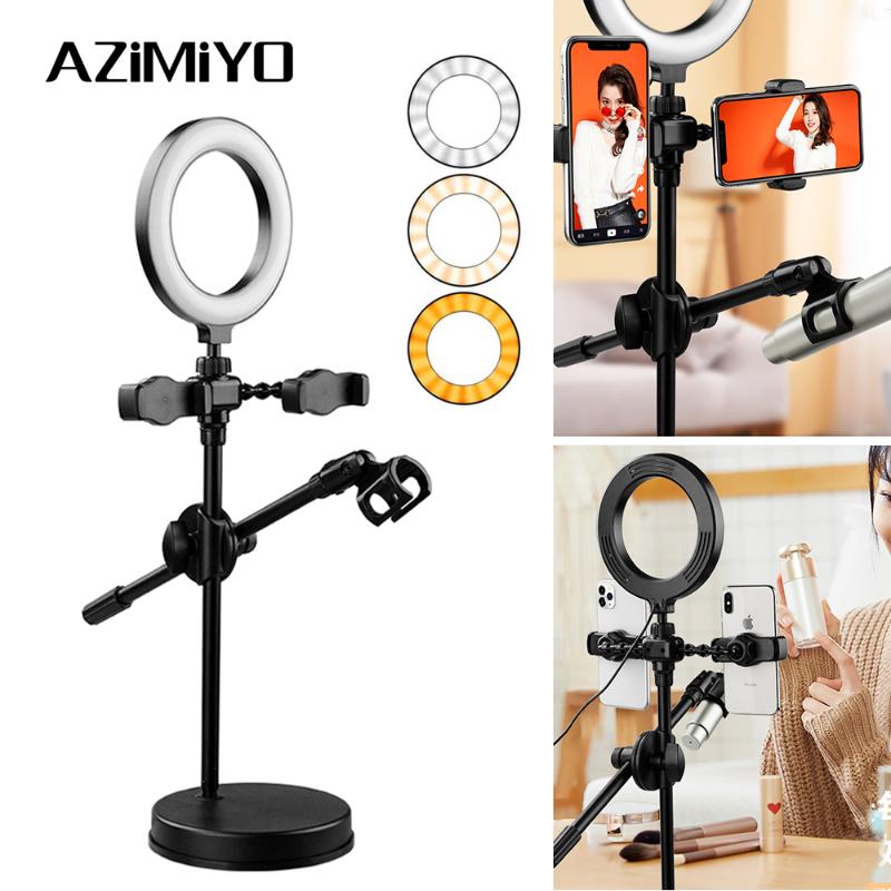 

AZiMiYO USB Interface Dimmable LED Selfie Ring Light Camera Dual Phone Photography Video Makeup Lamp With Tripod Phone Clip