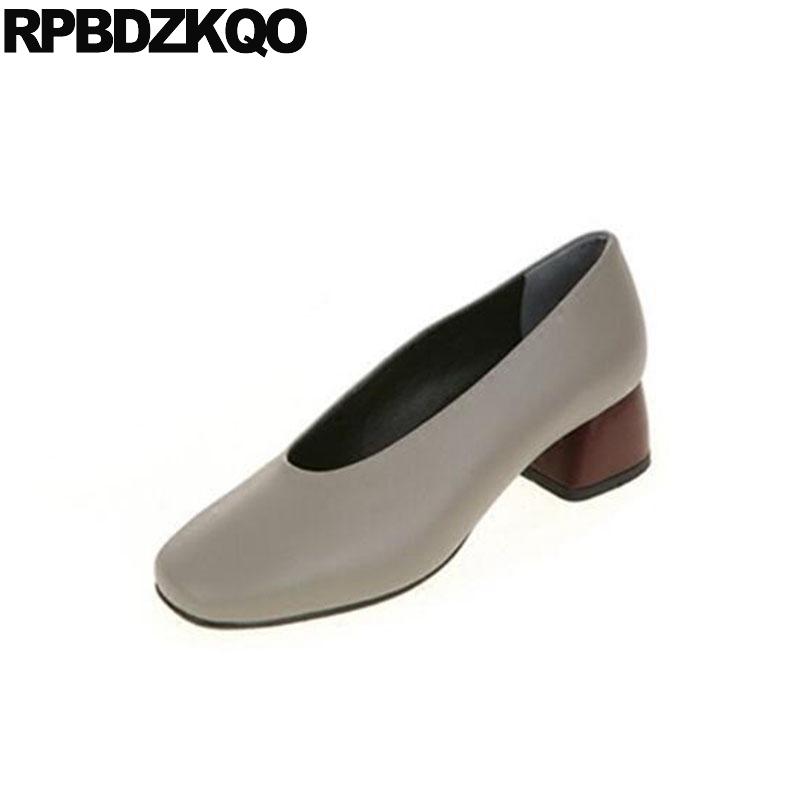 

autumn brown 2020 square toe designer vintage women leather grey shoes thick block footwear size 33 retro big medium heels 4 34, Black white