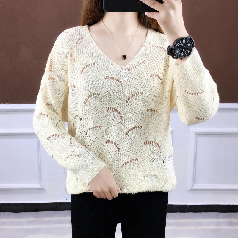 

2020 new female summer thin sweater casual solid hollow long sleeve with loose neckline mesh tops, Yellow