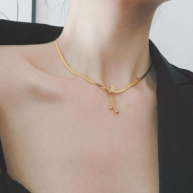 

USTAR Titanium steel Butterfly Choker Necklaces for Women Gold Snake chain Party Jewelry gifts