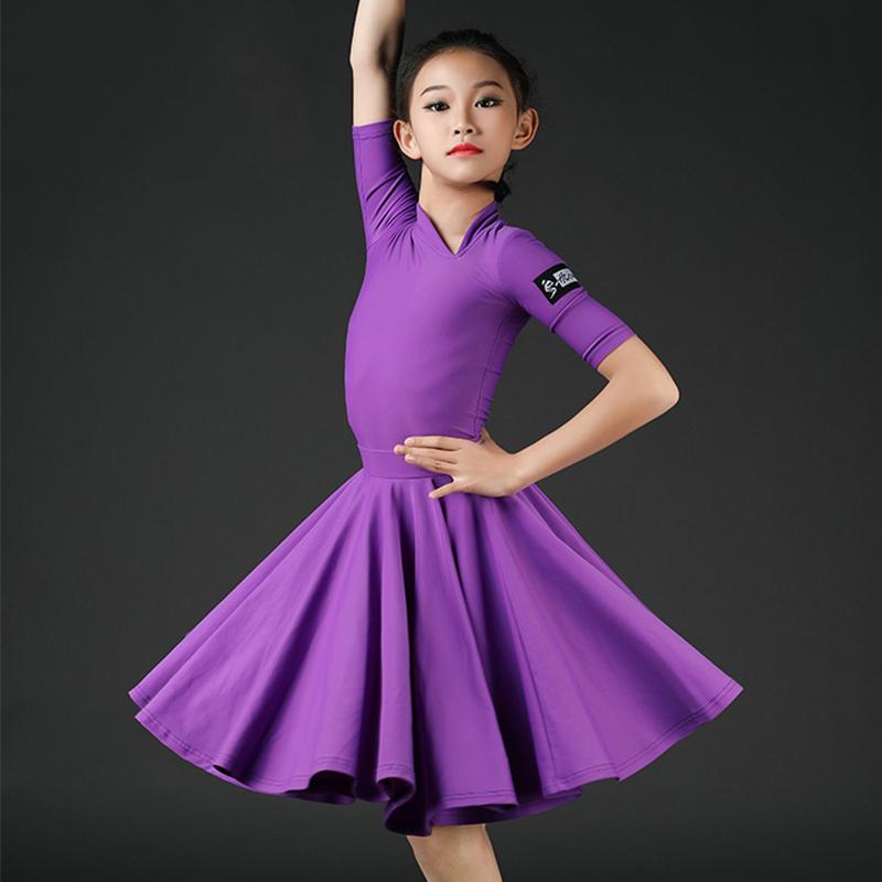 

Latin Dance Dress Girls Purple Practice Costumes Rumba Cha Cha Samba Tango Dancing Competition Performance Wear Children DN5436, As picture