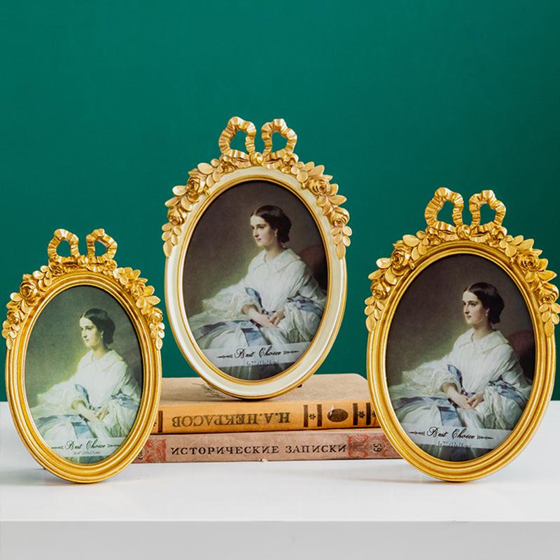 

European Golden Retro Photo Frame Resin Picture Frame Mirror Tray Home Decoration Ornaments Living Room Desktop Photo Display