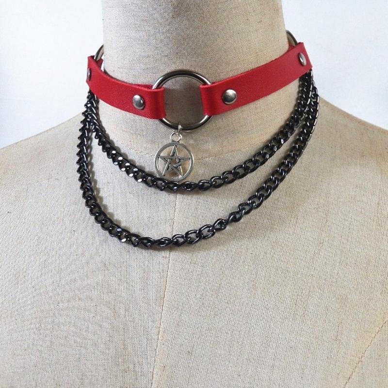 

Women Pentagram Shape Pendant Choker Pu Leather Hollow Gothic Black Choker Necklace with Chains Occult Punk Style Jewelry1