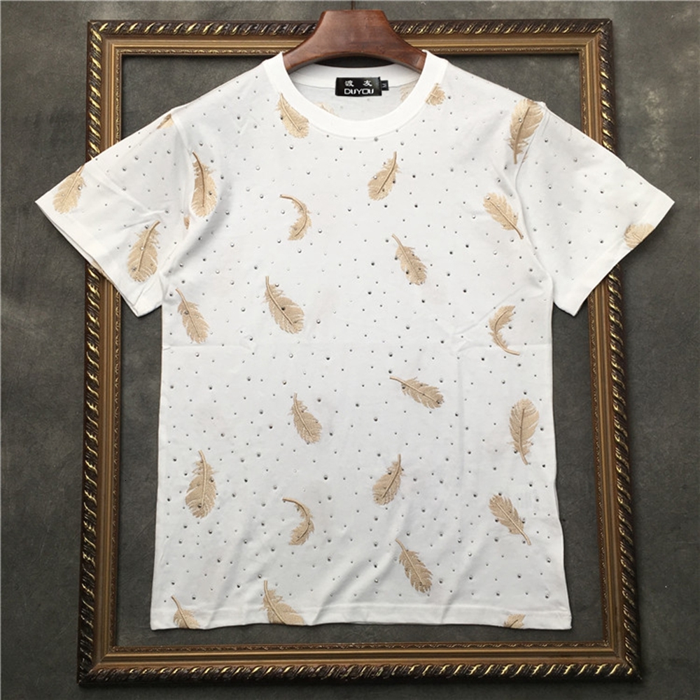 

Men' Short-sleeved T-shirt Black White Rhinestone Feather Print Women Shirts|streetwear 2191001536 Kr7s