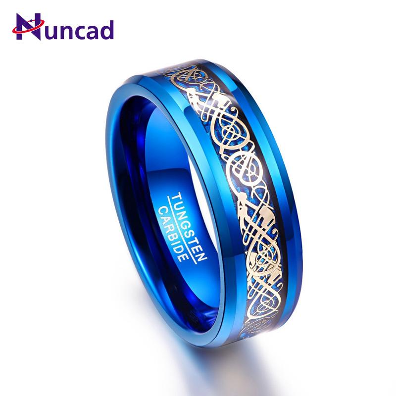 

2020 blue plated beveled 8mm width 100% genuine wedding band gold dragon carved elegance tungsten carbide rings for men