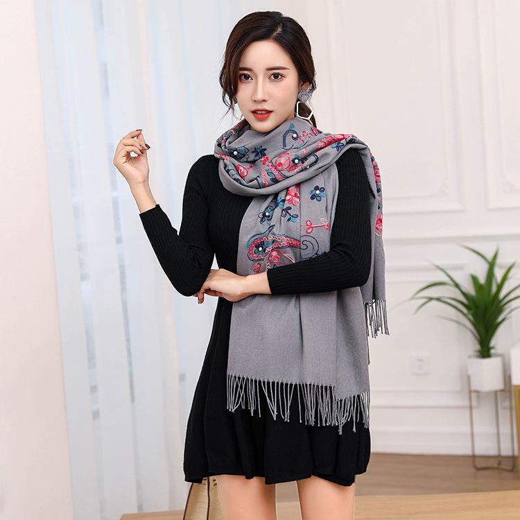 

New autumn and winter Nepal imitation cashmere scarf Ethnic embroidery embroidered pearl cashew tassel shawl