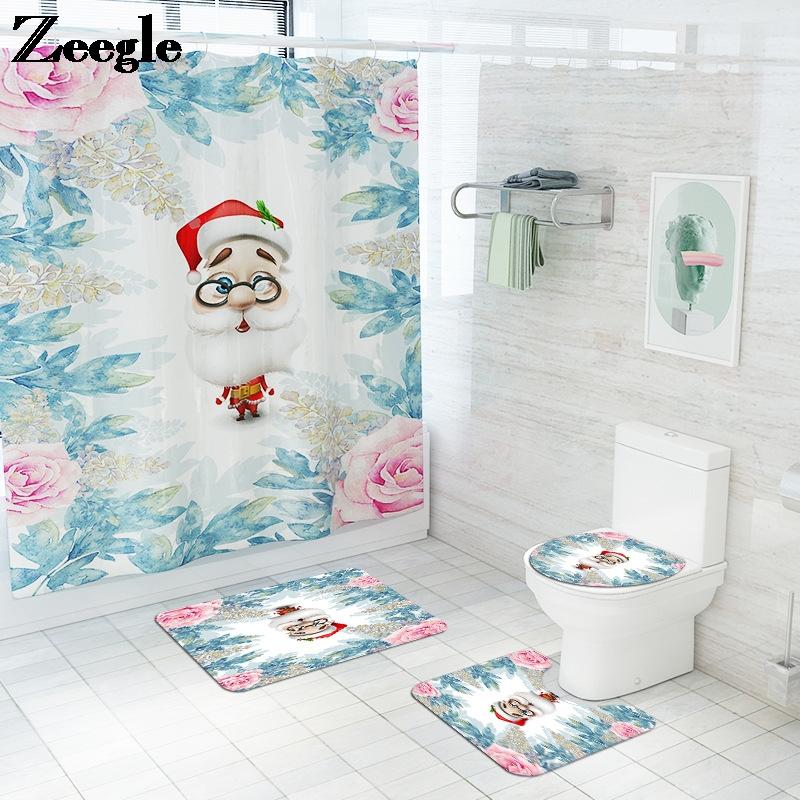 

Christmas Bath Mat with Shower Curtain Set Flannel Bathroom Floor Rug Microsoft Toilet Seat Cover Mat Bath Foot Rug Set