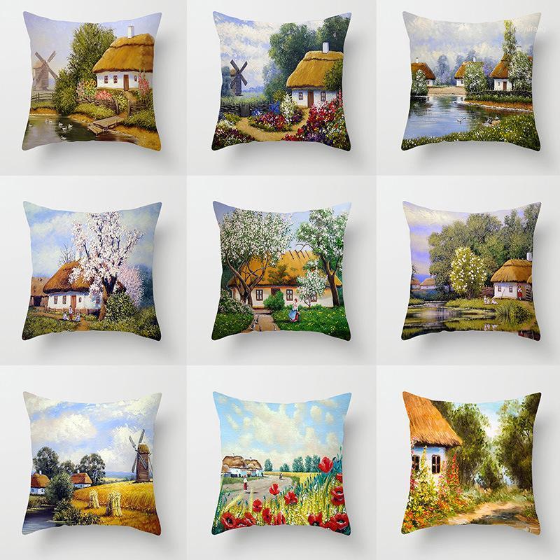 

Cushion/Decorative Pillow Cushion Cover American Style Country Oil Painting Covers Decorative Scenery Christmas Case Farmhouse Decor