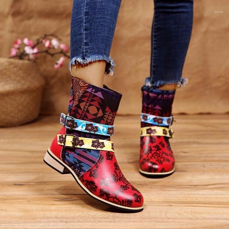 

Women Autumn Zippers Flower Ankle Boots Vintage PU Leather Plus Size Ethic Matin Shoes Woman Zapatos Mujer Sapato Botas Mujer1, Red