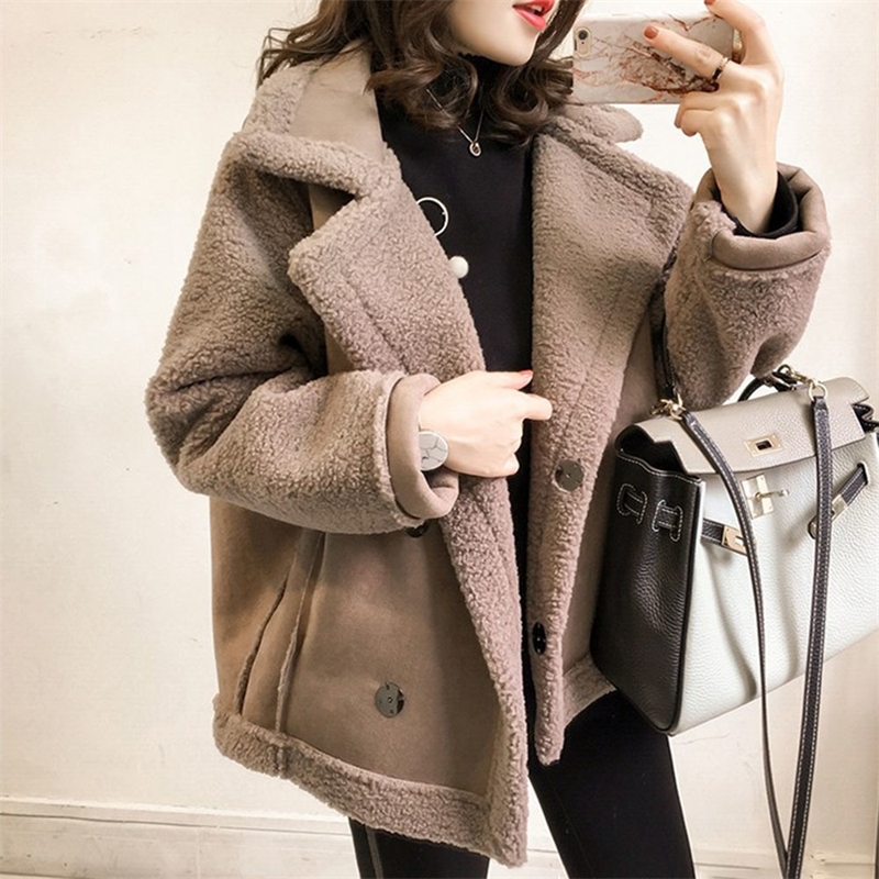 

Winter Jacket New Lapel Lamb Wool Coat Female Loose BF Wind Fur Motorcycle Jacket Tide Thicken Warm Fashion Women Jackets Coats 201120, Khaki