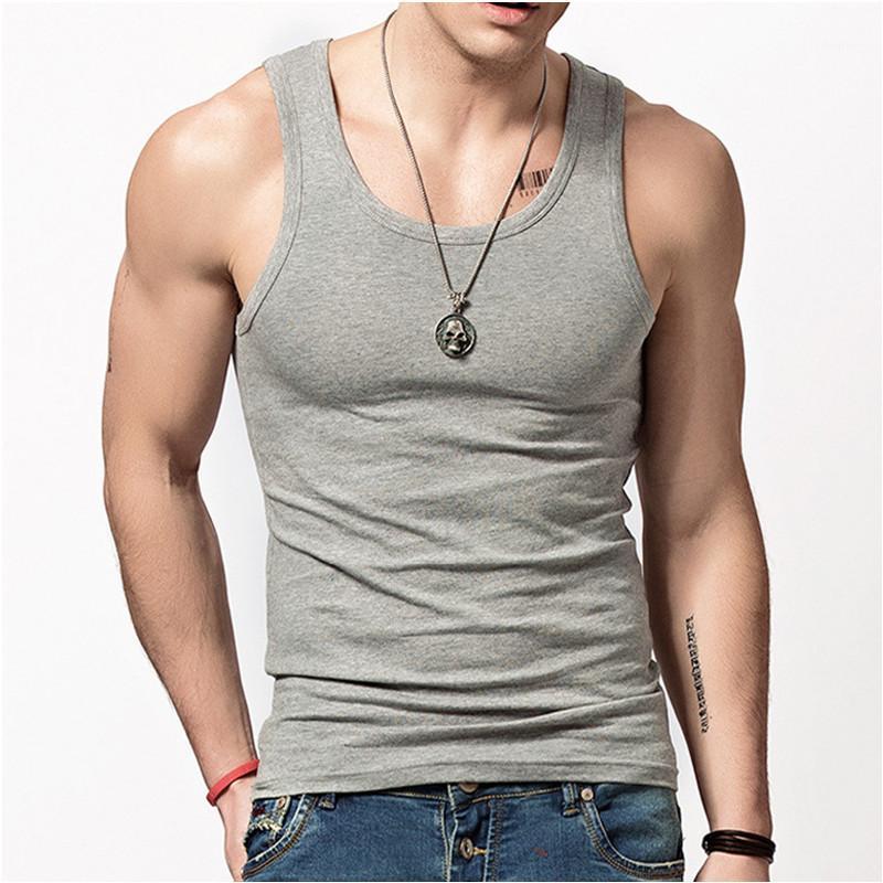 

Wholesale- Men's Tank Tops Solid Color 100% Cotton Sleeveless Undershirts for Male Bodybuilding Tank Tops Casual Summer Vest MBX0151, White