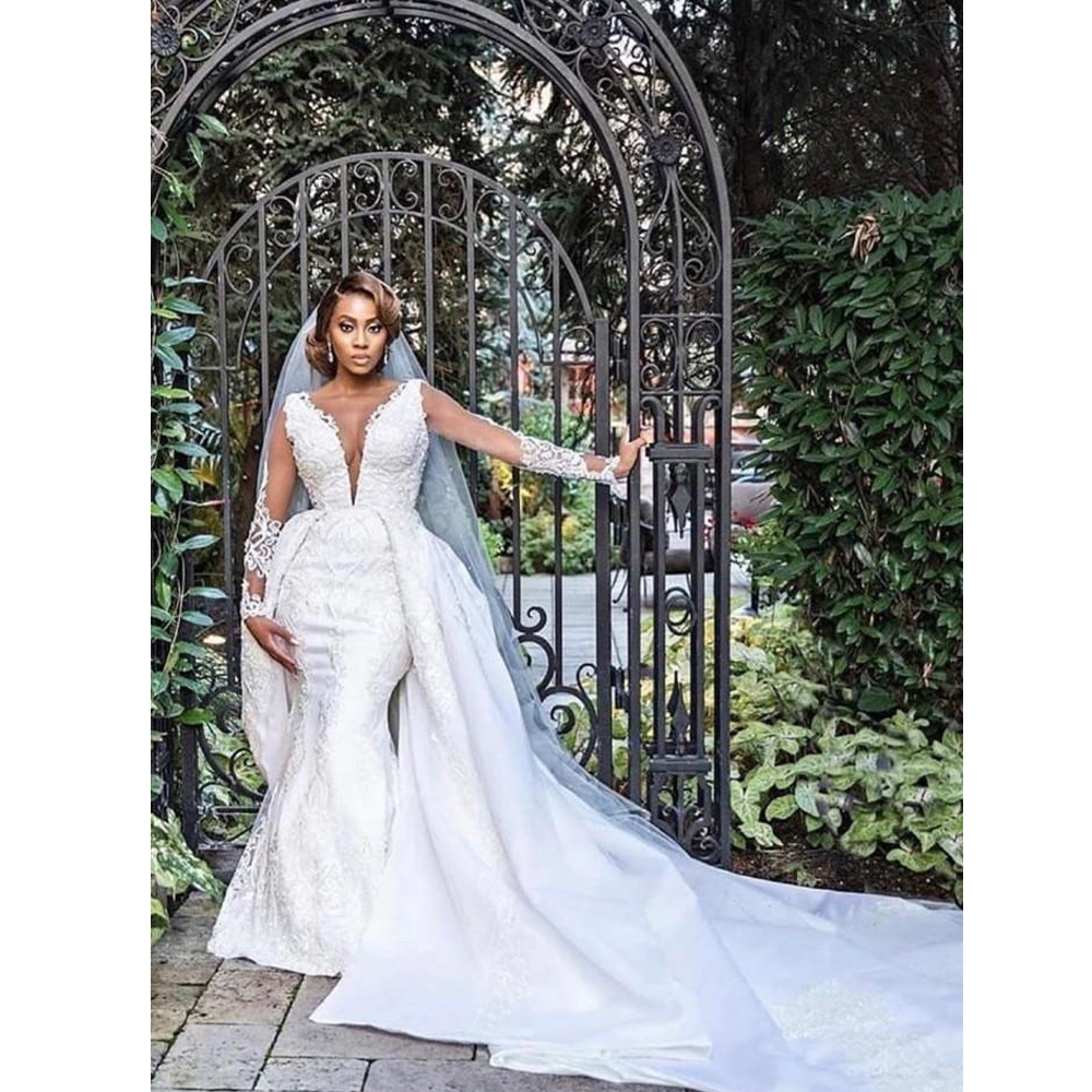 

2021 New African Frizzy with a Detachable Train Tie Off the Shoulder Apply Mermaid Wedding Dresses 7CYH, Ivory
