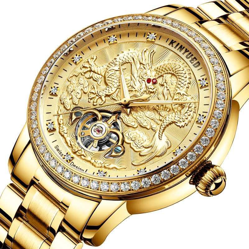 

Wristwatches Dragon Golden Gold Automatic Mechanical Watch Man Waterproof Wristwatch Leather Business Stainless Steel Relogio Masculino1, J061 belt brown gold