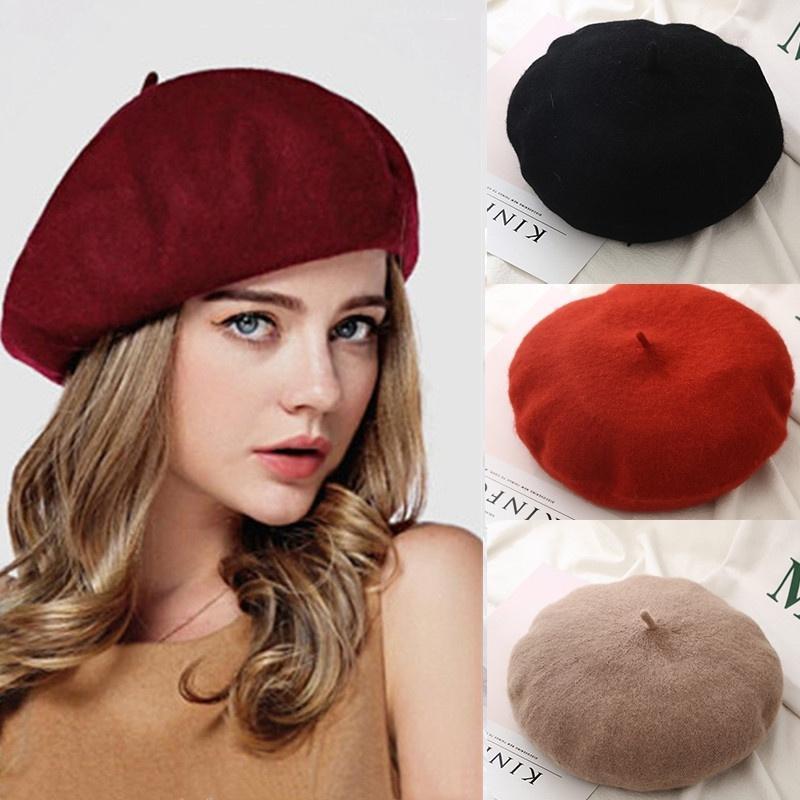 

French Beret Caps for Women Autumn Winter Outdoor Berets Street Style Plain Cap Wool Warm Femme Girl's Beanie Hat Caps1, Green
