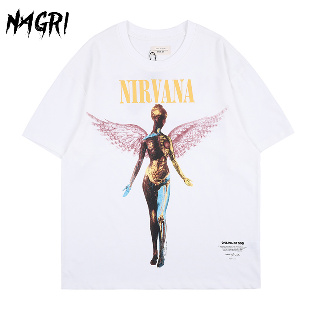 

NAGRI Summer Men's T-shirts Nirvana Graphic Tees Casual Short Sleeve Retro Hip Hop T Shirt Fashion Street Clothing Q1219, White