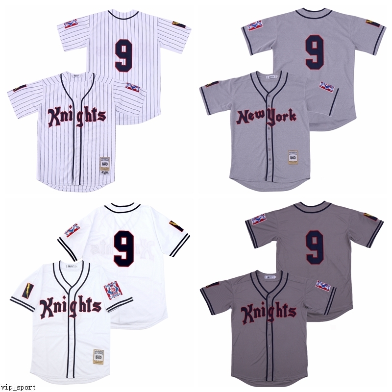 

Men 1939 New York Knights Movie 9 Roy Hobbs Baseball Jersey Cool Base Breathable Pure Cotton Stitched White Grey Team Away High Quality as