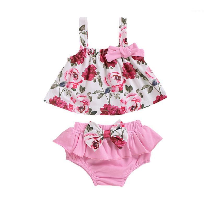 

KANCOOLD baby girl summer new recommended sleeveless rose print solid color bow vest + floral bow frill ruffled shorts suit1, Pink