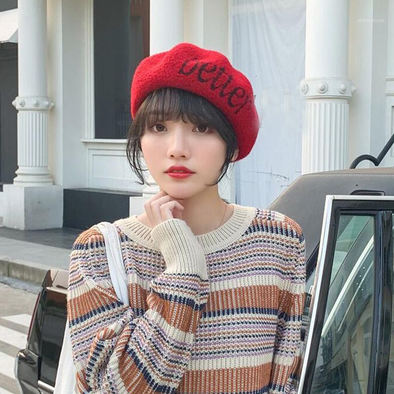 

New Autumn Winter Fashion Wool KniBerets For Women Thick Solid Color Letter Beret Soft Wool Hats Painter Hat Warm Beanie Hat1, Beige
