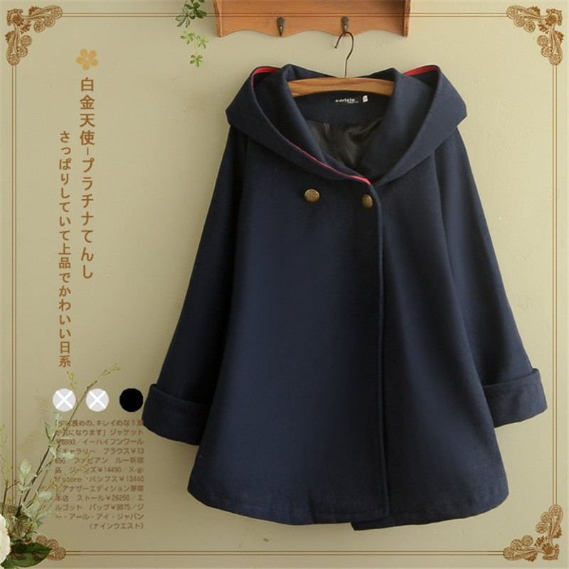

2021 New Student Girl with Red Hoodie Beautiful Mantle Autumn Loose Warm Woolen Preppy Khaki Seared Jacket D7AE, Navy blue.
