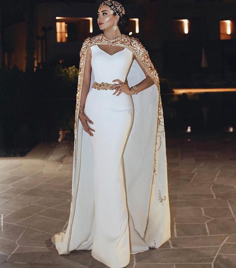 

Gorgeous Moroccan Kaftan Arabic Dubai Mermaid Evening Dresses With Shrug And Wraps 2021 Lace Appliques Beads Women Prom Party Gown AL8724, Gold