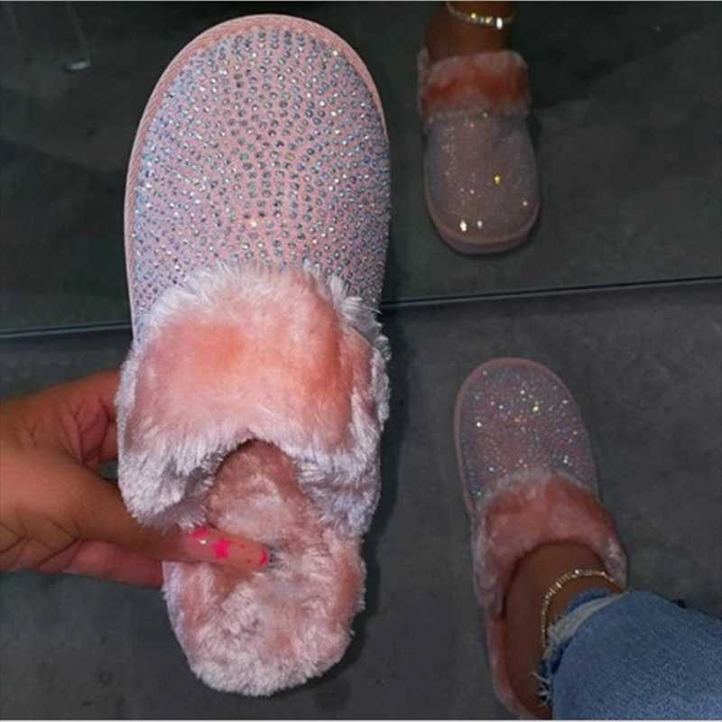 

Fur Warm House Slippers Female 2020 New Fashion Women's Slippers Winter New Hedging Rhinestone Flat Home Big Size 36-43, Black