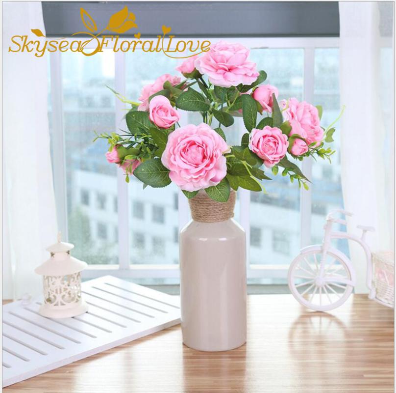 

Artificial flowers rose wedding flowers colorful home office party wedding decoration DIY 13heads quality fake, Pink