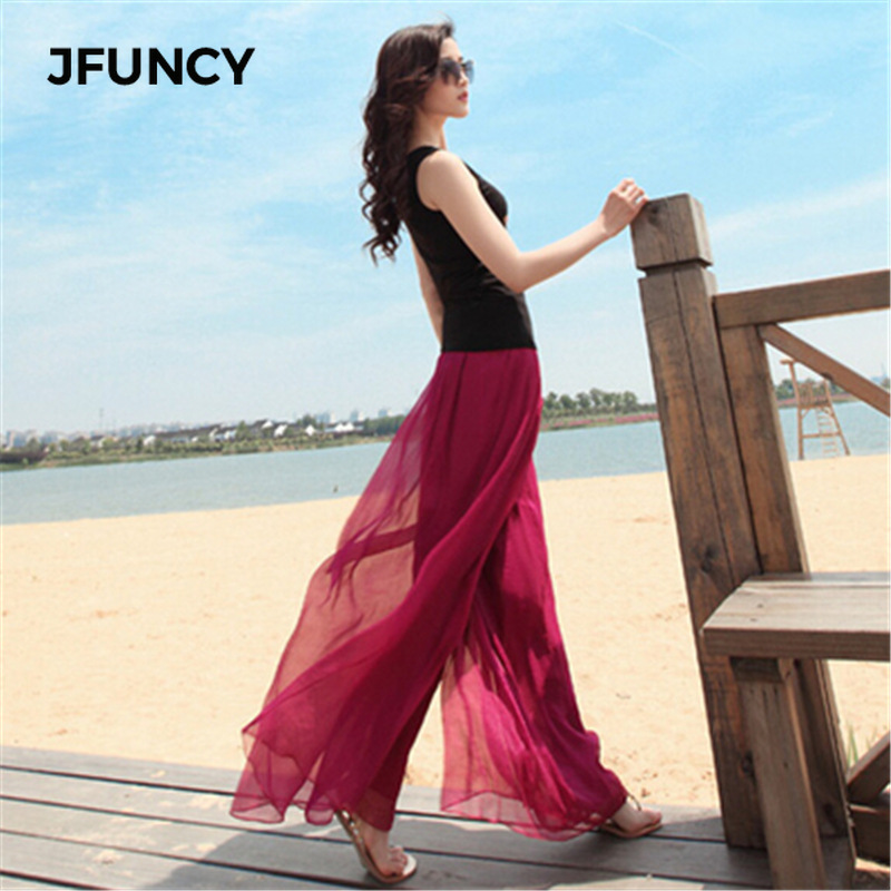 

JFUNCY New Women Wide Leg Beach Summer Loose Large Size Elastic Waist Skirt Female Chiffon Pants Bell Bottom 201113, Yellow