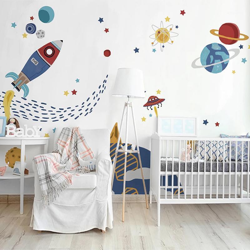 

Custom Mural Painting 3D Hand Painted Cartoon Space Rocket Fresco Children Room Bedroom Background Wallpaper Murals Home Decor1, As pic