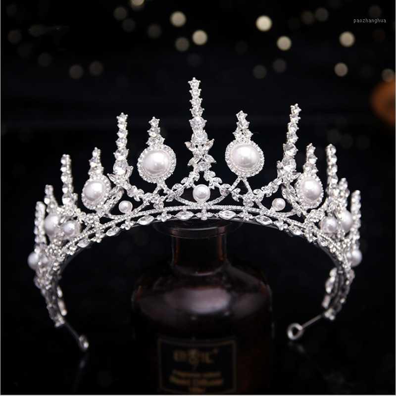 

European And American Large Pearl Bridal Wedding Tiara Elegant Rhinestone Birthday Party Princess Crown Hair Clips & Barrettes, Golden;silver