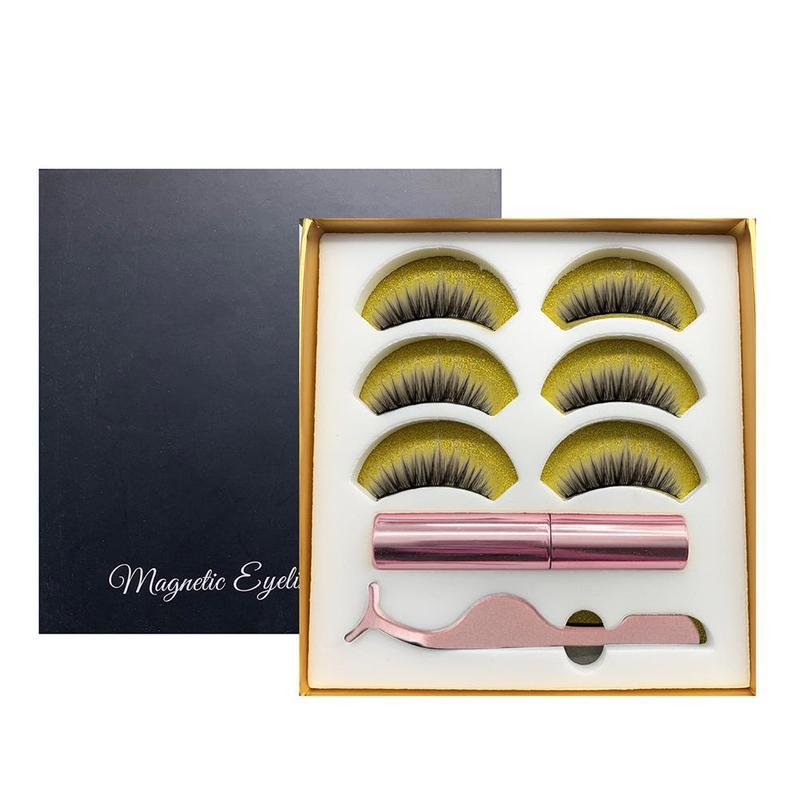 

3 Pairs Magnetic False Eyelashes Waterproof Eyeliner Tweezers Gift Set Kit Box